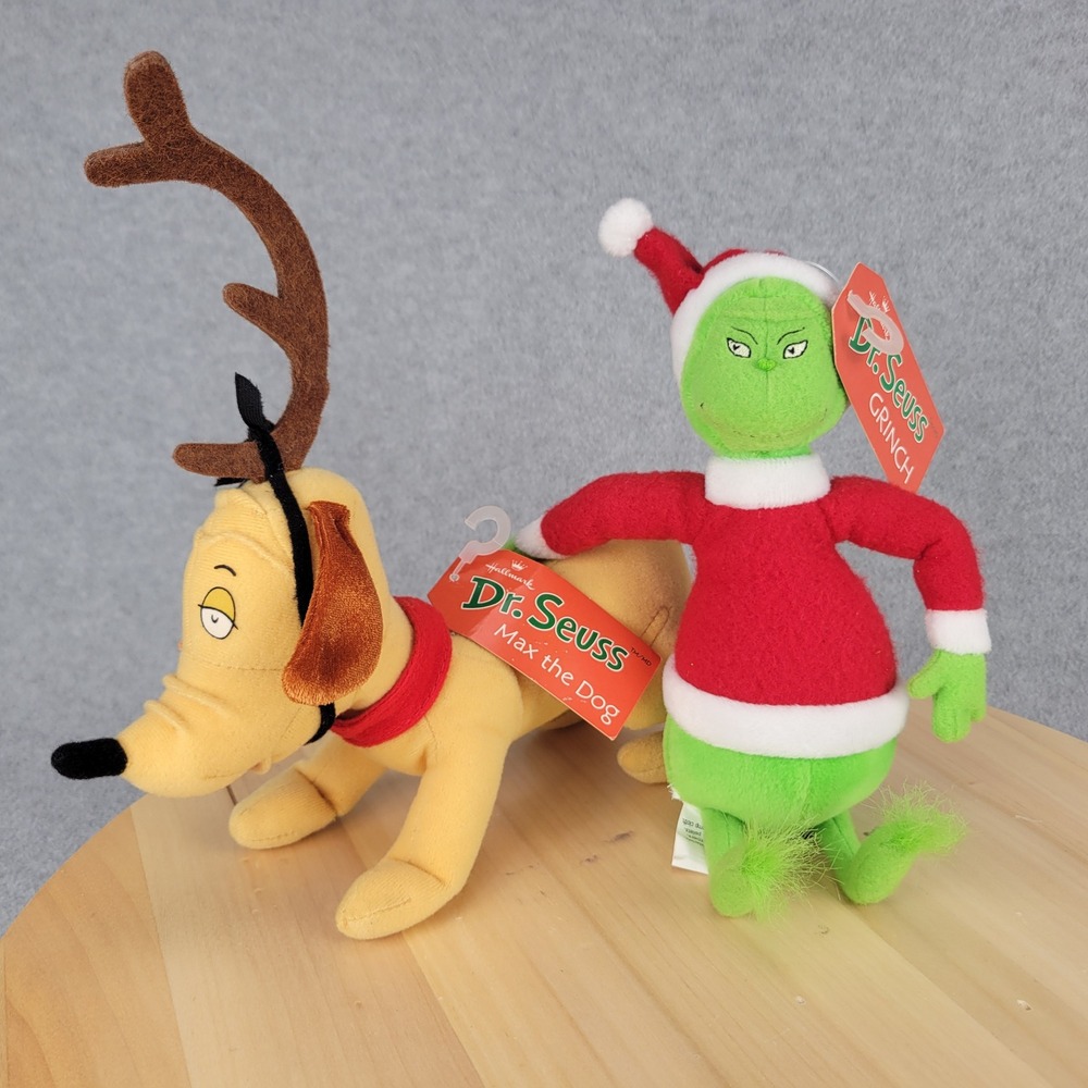 Hallmark Dr Seuss Grinch and Max Plush Set 1998 NWT Green Red Yellow 9in 90s